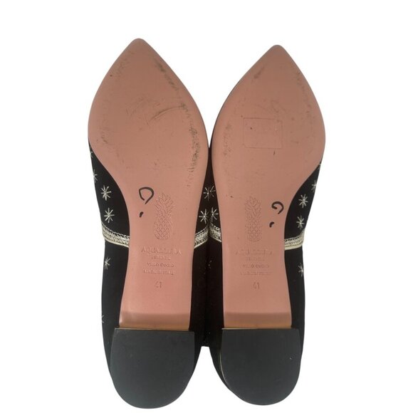 Aquazzura Bliss Black Suede Gold Embroidered Stars Ankle Wrap Ballet Flats 11 - Picture 9 of 13